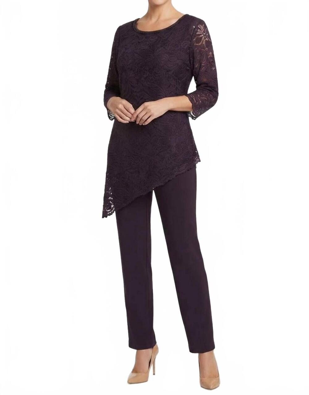 NEW MAYA BROOKE lace asymmetrical tunic pant set in eggplant